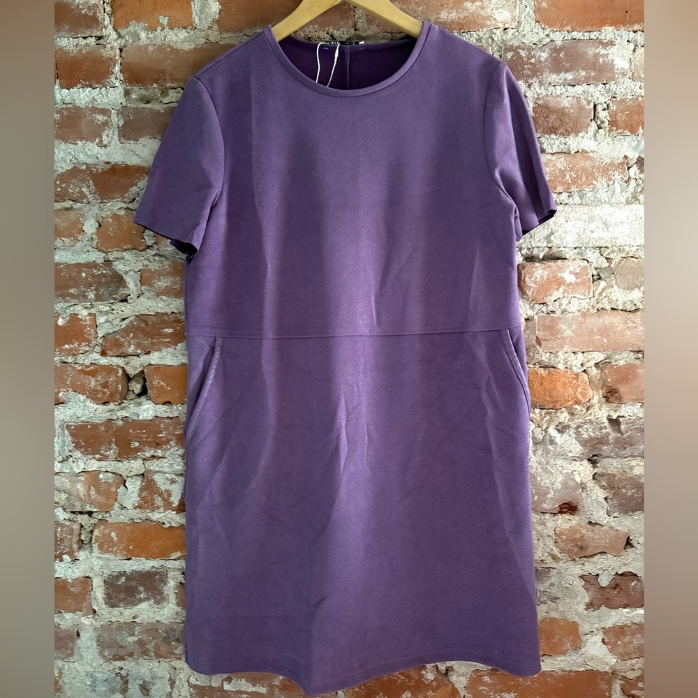 Zara Purple Crewneck Short Sleeve Shift Dress Faux Leather Trim